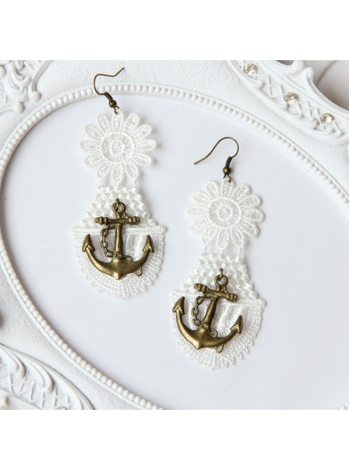 Fashion Elegant Retro Long White Lace Navy Style Anchor Female Earrings