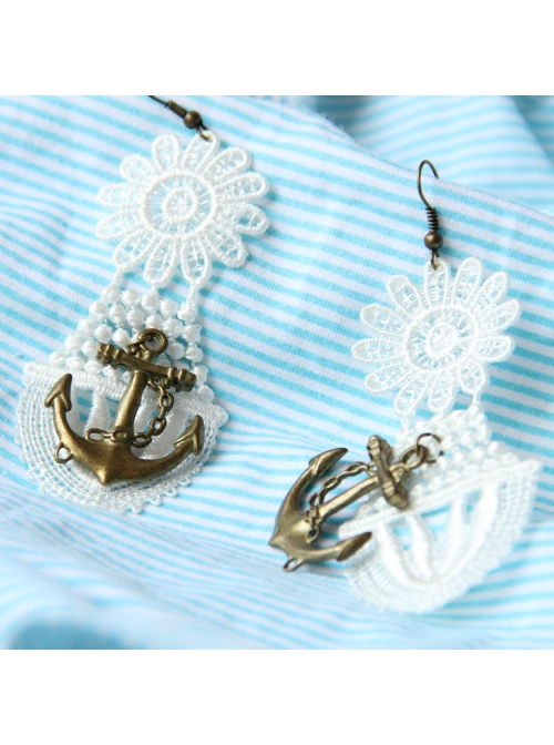 Fashion Elegant Retro Long White Lace Navy Style Anchor Female Earrings