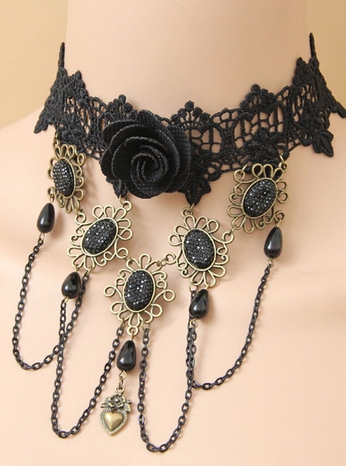 Fashion Retro Gothic Exaggerated Nightclub Party Sexy Black Lace Rose Flower Tassel Love Female Choker