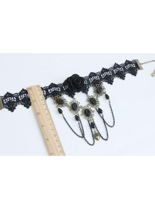 Fashion Retro Gothic Exaggerated Nightclub Party Sexy Black Lace Rose Flower Tassel Love Female Choker
