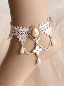 Palace Elegant Fashion Retro White Tassel Pearl Lace Female Anklet