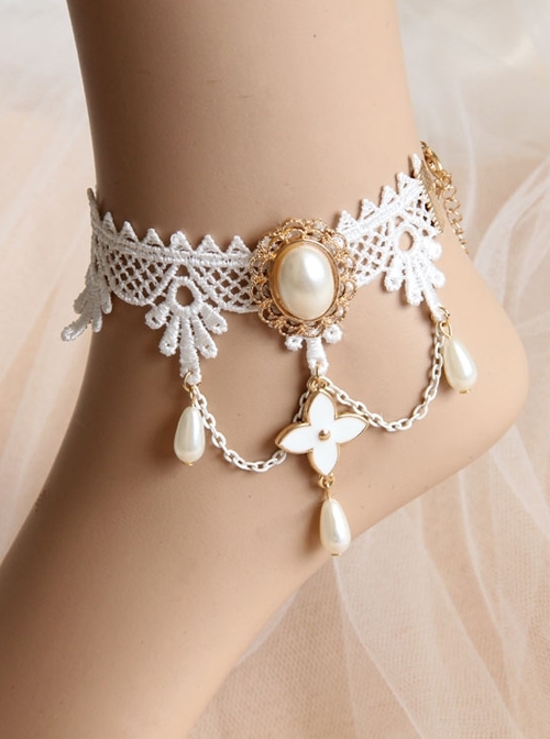 Palace Elegant Fashion Retro White Tassel Pearl Lace Female Anklet