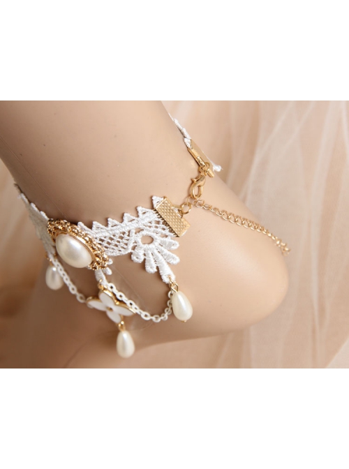 Palace Elegant Fashion Retro White Tassel Pearl Lace Female Anklet