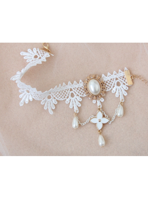 Palace Elegant Fashion Retro White Tassel Pearl Lace Female Anklet