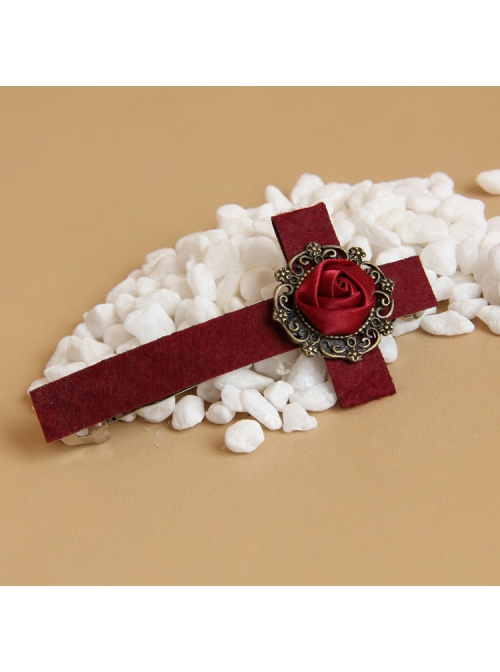 Gothic Fashion Exaggerated Retro Wine Red Rose Cross Vampire Bride Female Hairpin