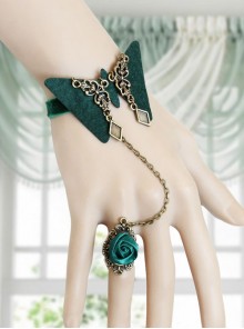 Baroque Dark Green Retro Fashion Flower Butterfly Female Bracelet With Ring One Chain
