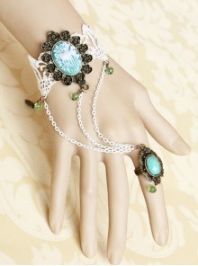Fashion Bride Retro Palace White Lace Sapphire Green Crystal Female Bracelet With Ring One Chain