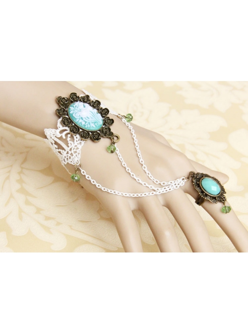Fashion Bride Retro Palace White Lace Sapphire Green Crystal Female Bracelet With Ring One Chain