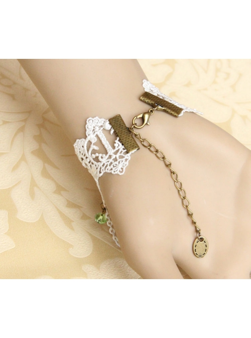 Fashion Bride Retro Palace White Lace Sapphire Green Crystal Female Bracelet With Ring One Chain