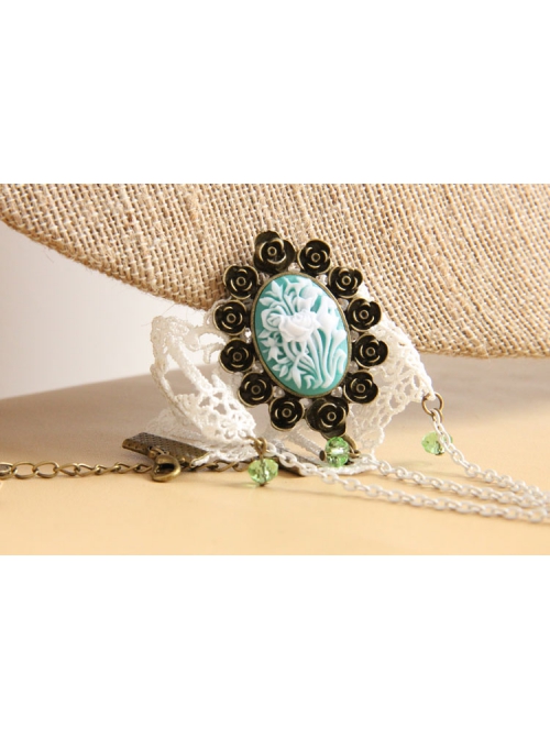 Fashion Bride Retro Palace White Lace Sapphire Green Crystal Female Bracelet With Ring One Chain