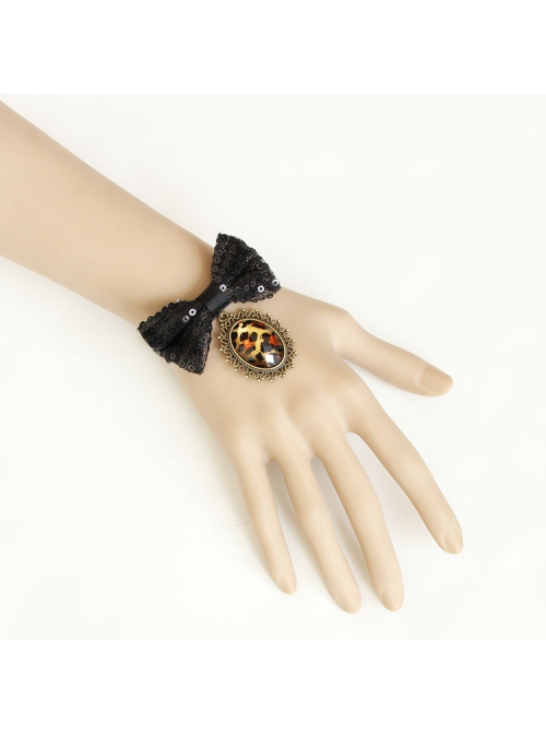 Fashion Retro Exaggerated Black Sequins Bow Leopard Print Pendant Female Bracelet