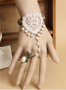 Retro Fashion Elegant White Love Pearl Lace Female Bracelet With Ring One Chain