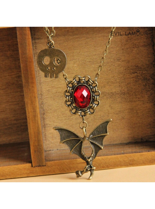 Gothic Fashion Ruby Bronze Bat Skull Retro Long Multilayer Antique Sweater Chain