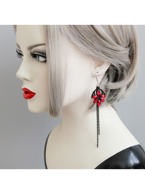 Retro Gothic Exaggerated Fashion Ruby Black Tassel Female Halloween Long Earrings