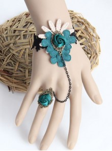 Fashion Retro Handmade Dark Green Rose Flower Vine Black Lace Female With Ring Bracelet