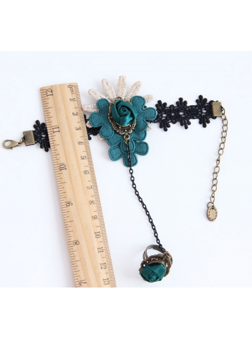 Fashion Retro Handmade Dark Green Rose Flower Vine Black Lace Female With Ring Bracelet