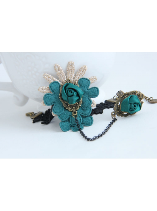 Fashion Retro Handmade Dark Green Rose Flower Vine Black Lace Female With Ring Bracelet