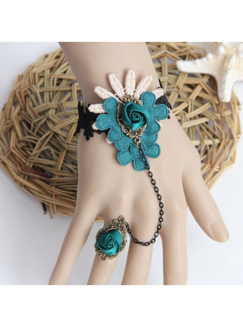 Fashion Retro Handmade Dark Green Rose Flower Vine Black Lace Female With Ring Bracelet