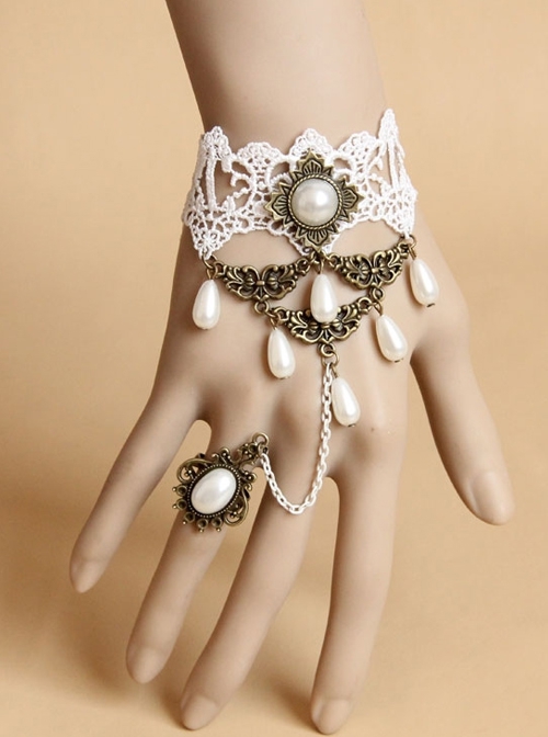 Fashion Retro Bride Bridesmaid White Lace Pearl Female Bracelet With Ring One Chain