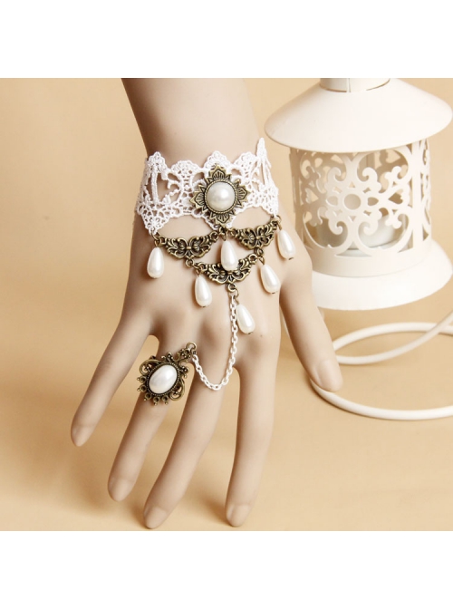 Fashion Retro Bride Bridesmaid White Lace Pearl Female Bracelet With Ring One Chain