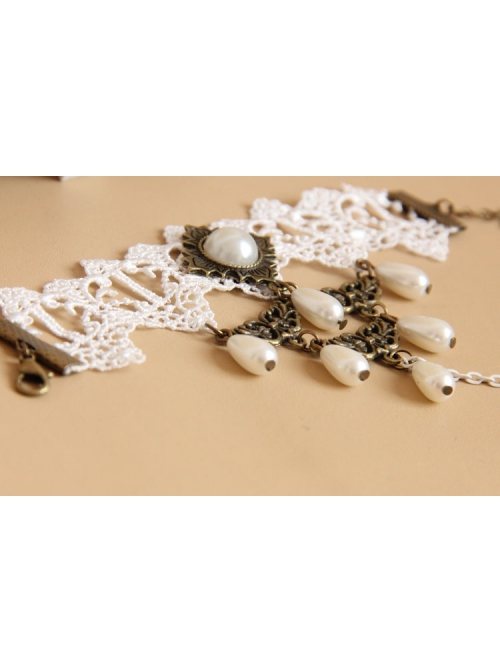 Fashion Retro Bride Bridesmaid White Lace Pearl Female Bracelet With Ring One Chain