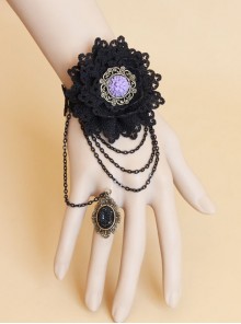 Gothic Retro Fashion Black Rose Flower Handmade Lace Female Bracelet With Ring One Chain