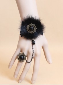 Retro Fashion Black Fox Fur Lace Luxury Gothic Female Bracelet With Ring One Chain