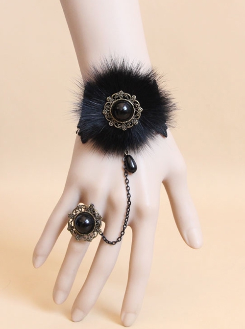 Retro Fashion Black Fox Fur Lace Luxury Gothic Female Bracelet With Ring One Chain
