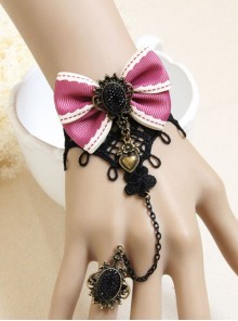 Fashion Retro Cute Female Black Lace Pink Bow Bracelet With Ring One Chain