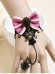 Fashion Retro Cute Female Black Lace Pink Bow Bracelet With Ring One Chain