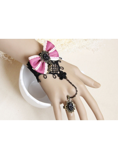 Fashion Retro Cute Female Black Lace Pink Bow Bracelet With Ring One Chain