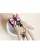 Fashion Retro Cute Female Black Lace Pink Bow Bracelet With Ring One Chain