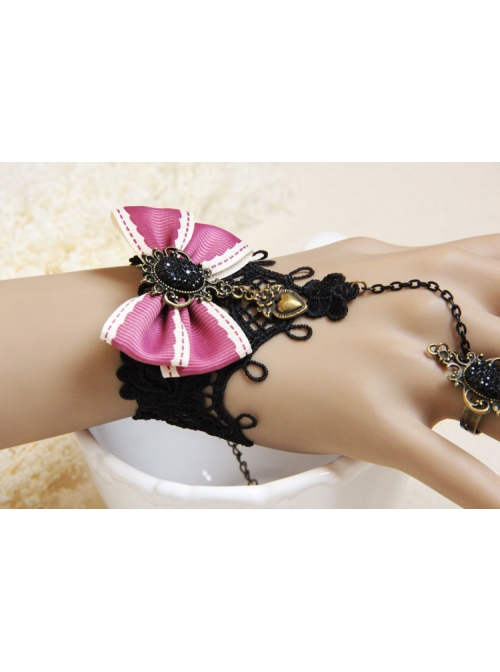 Fashion Retro Cute Female Black Lace Pink Bow Bracelet With Ring One Chain