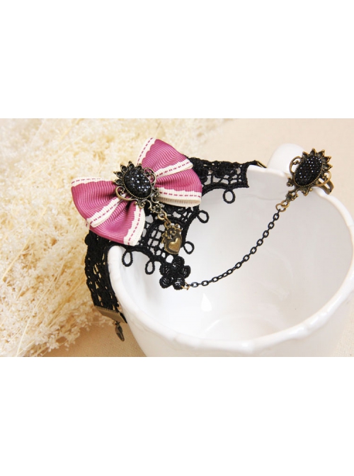 Fashion Retro Cute Female Black Lace Pink Bow Bracelet With Ring One Chain