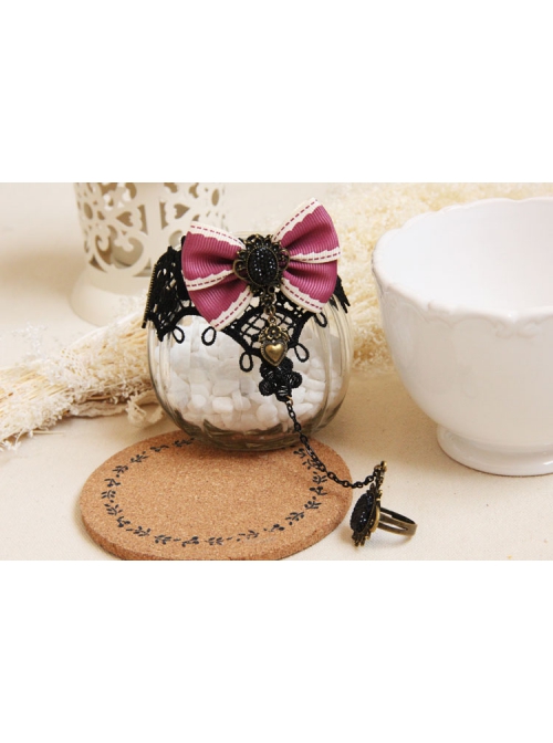 Fashion Retro Cute Female Black Lace Pink Bow Bracelet With Ring One Chain