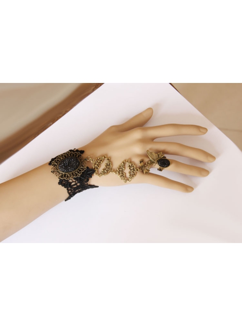 Retro Fashion Gothic Black Lace Alloy Handmade Dance Female Ring Bracelet