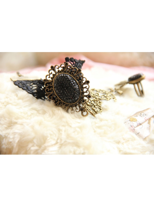 Retro Fashion Gothic Black Lace Alloy Handmade Dance Female Ring Bracelet