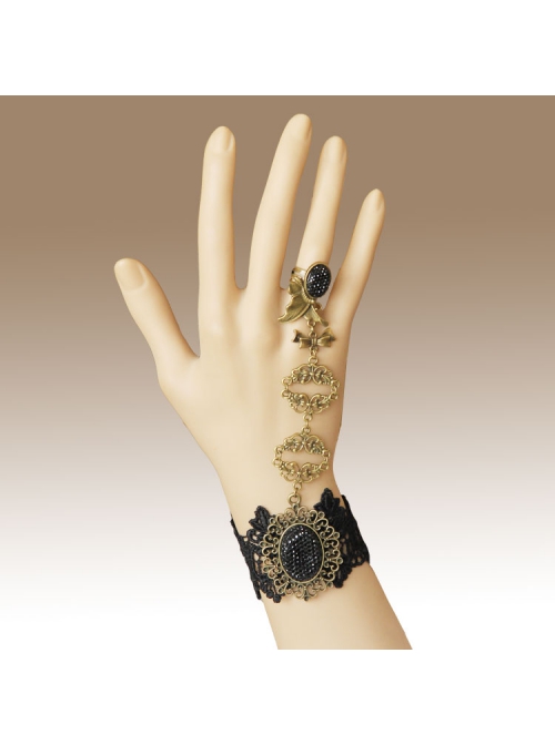 Retro Fashion Gothic Black Lace Alloy Handmade Dance Female Ring Bracelet