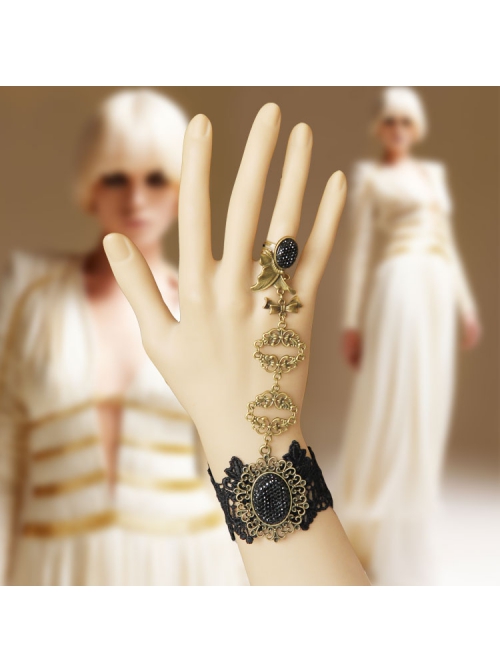 Retro Fashion Gothic Black Lace Alloy Handmade Dance Female Ring Bracelet
