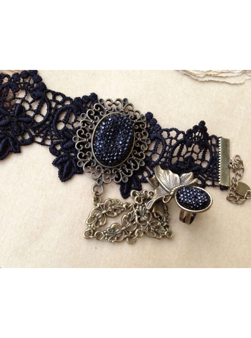 Retro Fashion Gothic Black Lace Alloy Handmade Dance Female Ring Bracelet