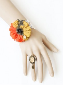 Retro Fashion Personality Butterfly White Lace Orange Yellow Flower Female Bracelet With Ring One Chain