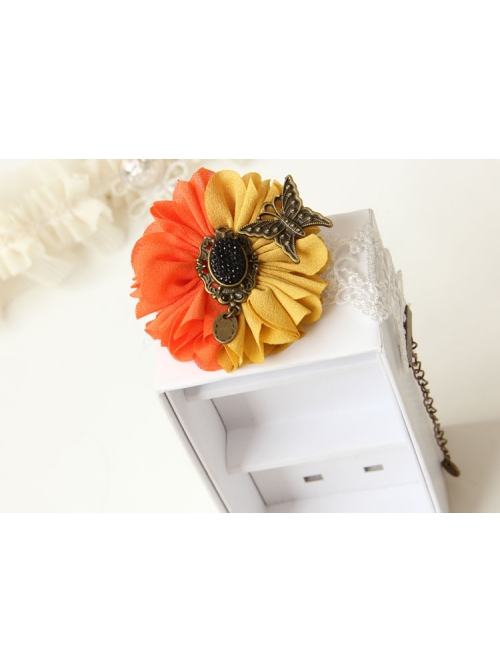 Retro Fashion Personality Butterfly White Lace Orange Yellow Flower Female Bracelet With Ring One Chain