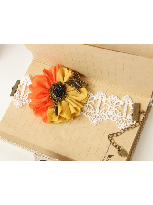 Retro Fashion Personality Butterfly White Lace Orange Yellow Flower Female Bracelet With Ring One Chain