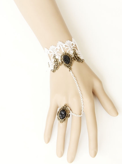 Fashion Bride Bridesmaid Retro Palace White Lace Female Bracelet With Ring One Chain