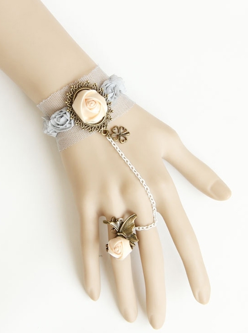 Retro Fashion Lolita Grey Lace White Rose Flower Female Bracelet With Ring One Chain