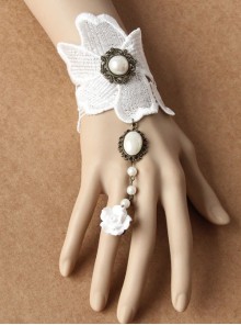 Fashion Retro Elegant Bride Wedding Party White Lace Flower Pearl Female Bracelet With Ring One Chain