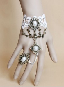 Fashion Retro Baroque Bride White Lace Pearl Female Bracelet With Ring One Chain