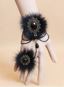 Retro Gothic Fashion Black Lace Fox Hair Female Bracelet With Ring One Chain