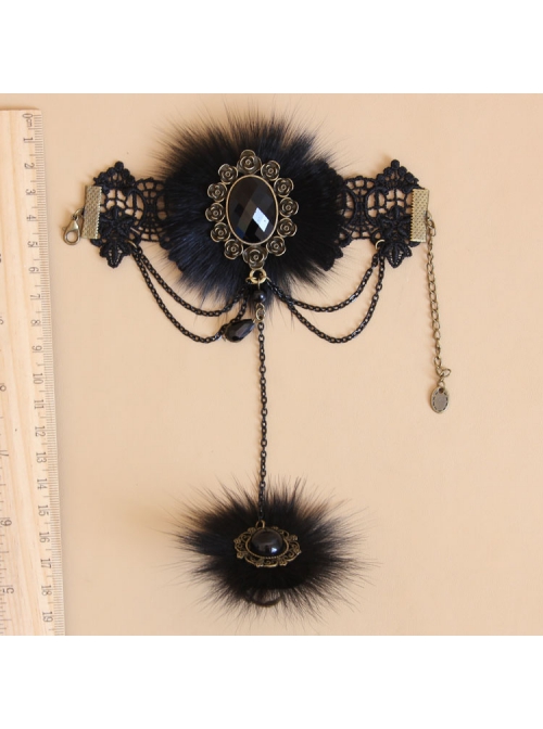 Retro Gothic Fashion Black Lace Fox Hair Female Bracelet With Ring One Chain