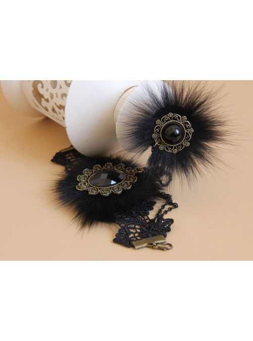 Retro Gothic Fashion Black Lace Fox Hair Female Bracelet With Ring One Chain